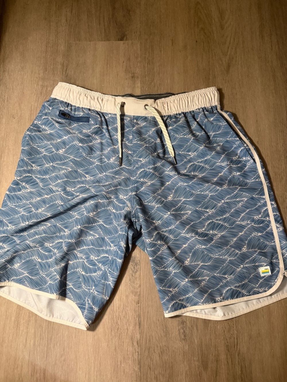 Vuori Blue Wave-Pattern Shorts with White Waistband
